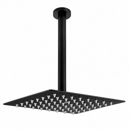 Regadera Ducha Cuadrada 30cm +Tubo a Techo 25cm Negro Mate