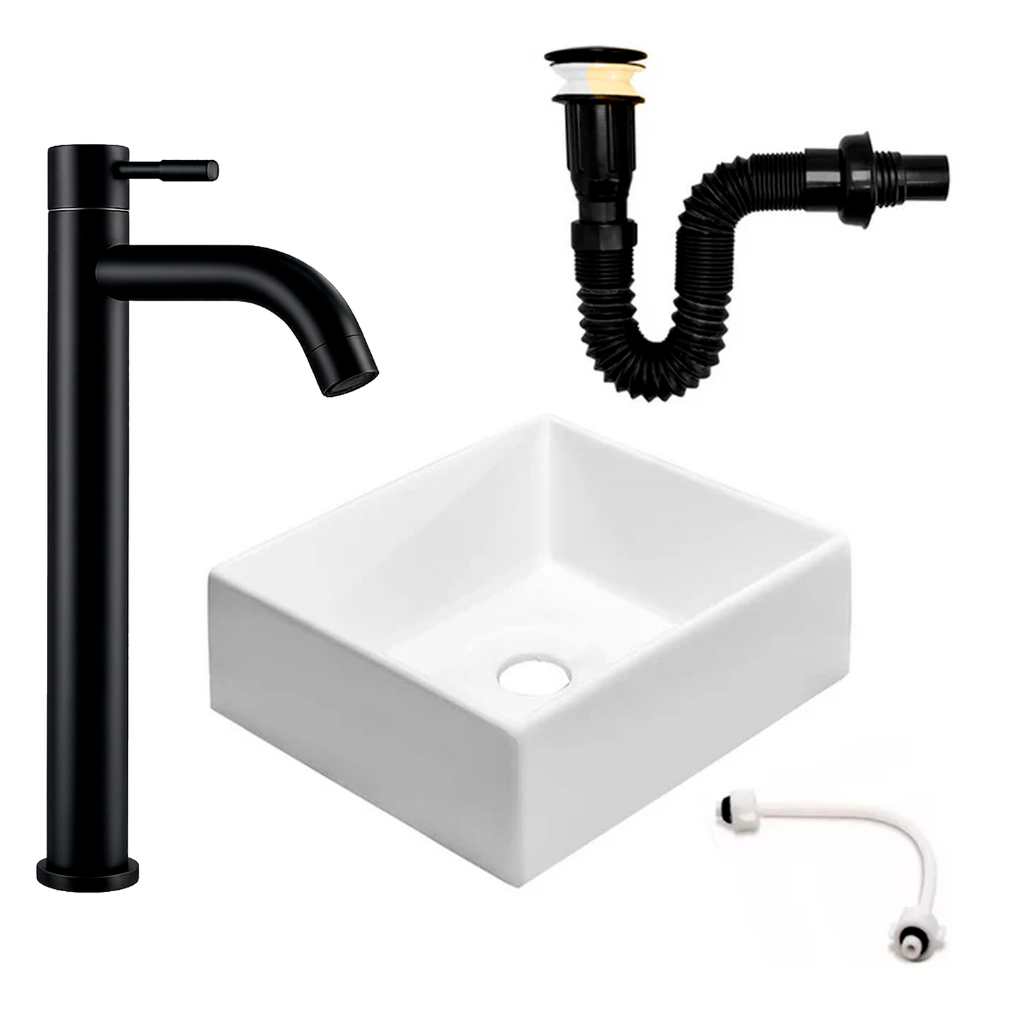 Kit Lavamanos Cuadrado+griferia Agua Fria Negro Mate+push