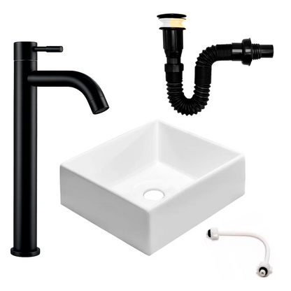 Kit Lavamanos Cuadrado+griferia Agua Fria Negro Mate+push