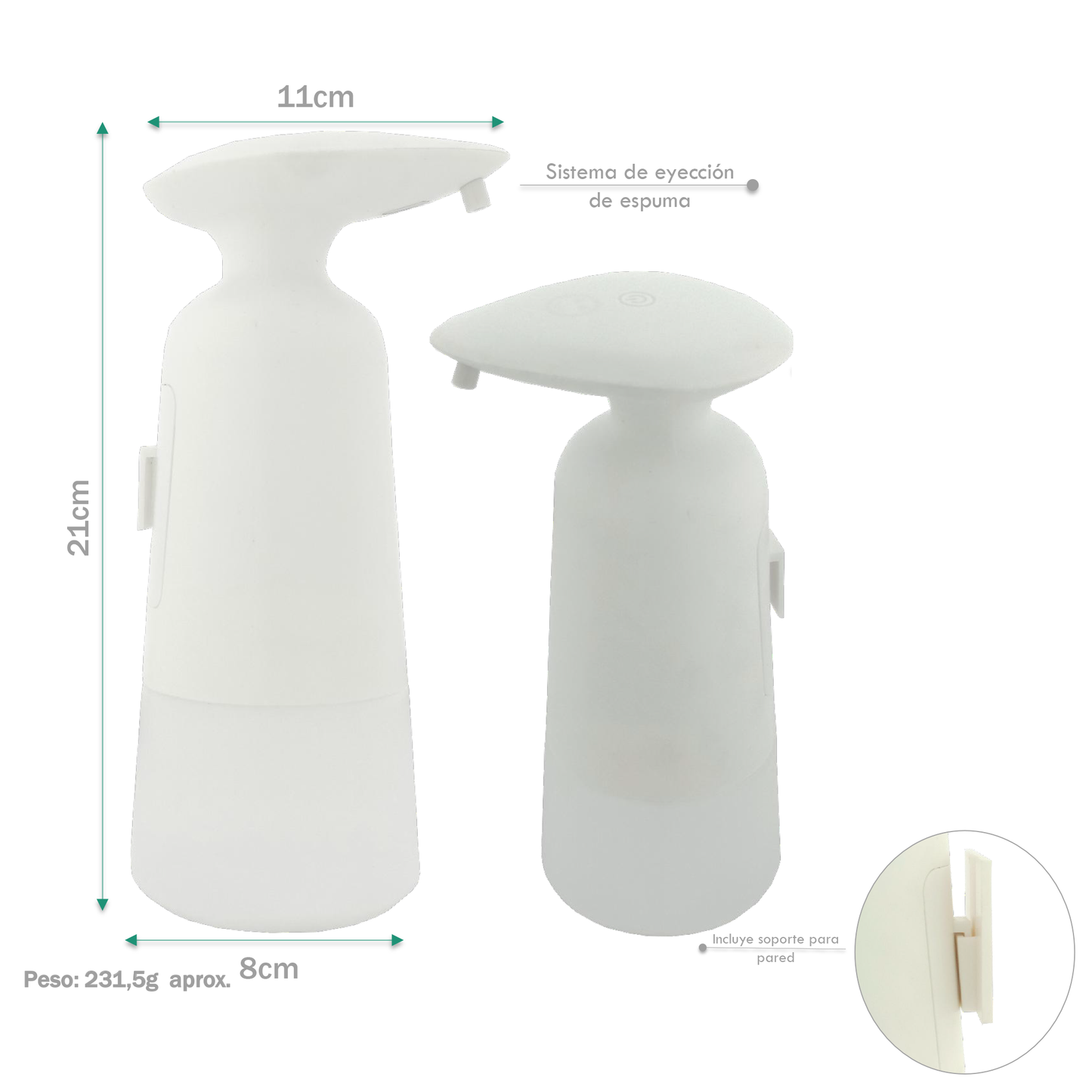 Dispensador de Jabon Pared Eyeccion Espuma Blanco