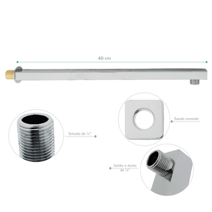Tubo de Ducha Pared Cuadrado 40cm Plateado Cromado