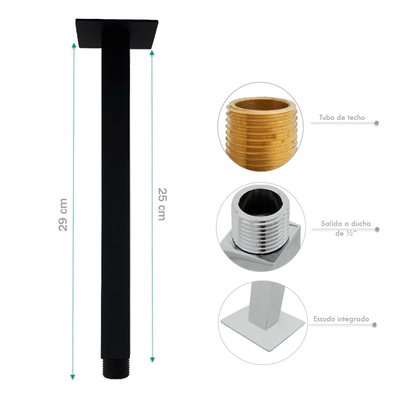 Tubo de Ducha a Techo Cuadrado Negro Mate