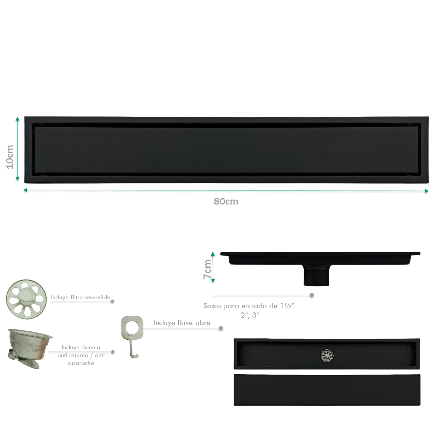 Rejilla de Piso Cuadrada 80*10cm Negro Mate Invisible