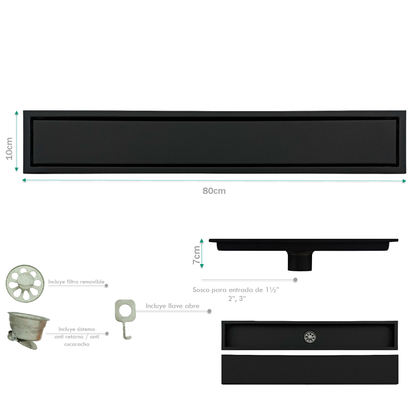 Rejilla de Piso Cuadrada 80*10cm Negro Mate Invisible