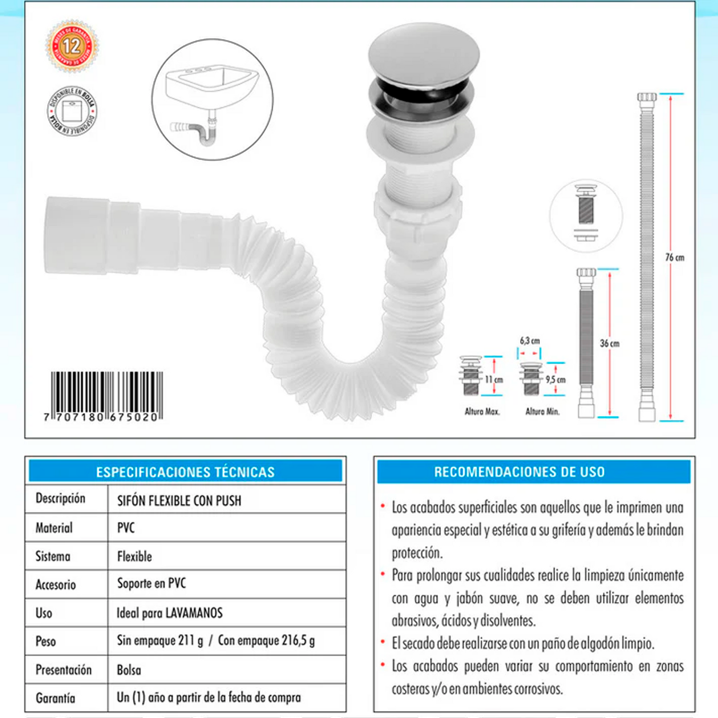 Kit Lavamanos Cuadrado+grifo Agua Fria Plateada Satin+push