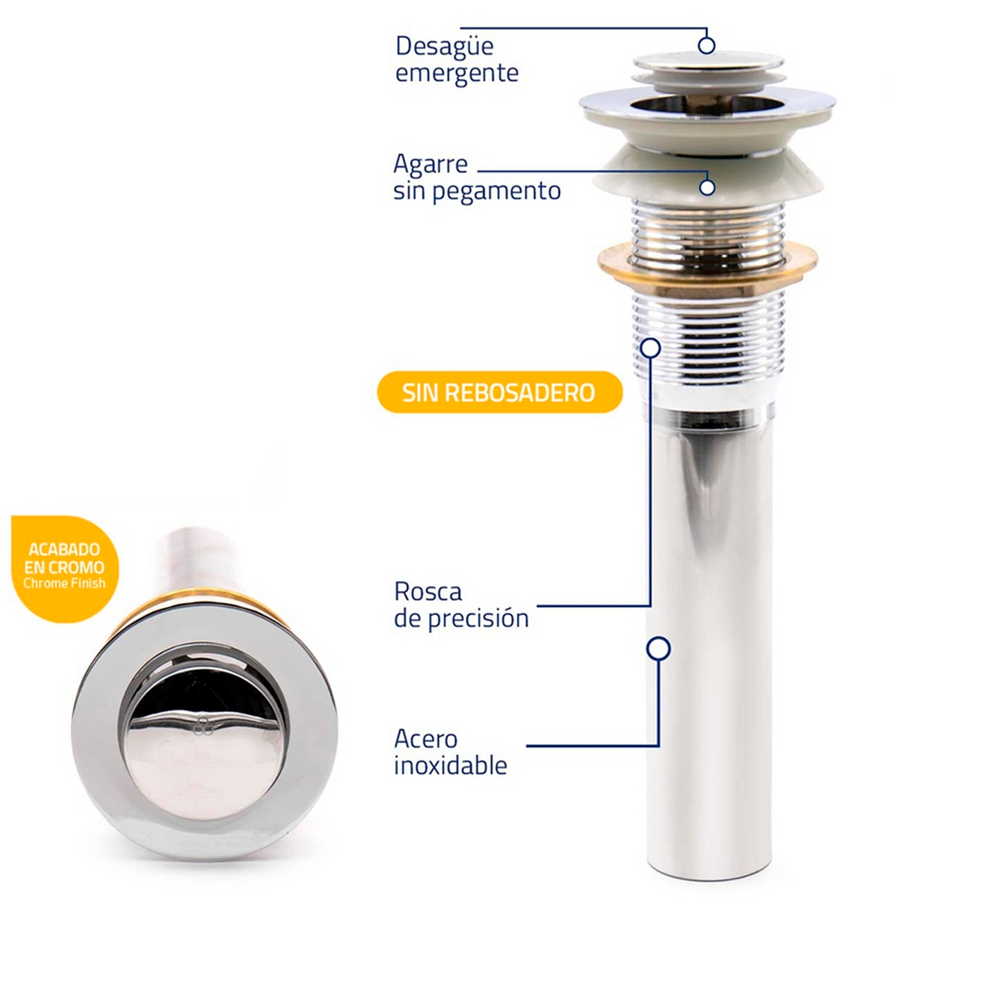 Desague de Push Redondo Lavamanos Acero Inox.sin Rebose Cromo