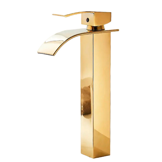 Griferia Lavamanos Alta Dorado Brillante Tipo Cascada