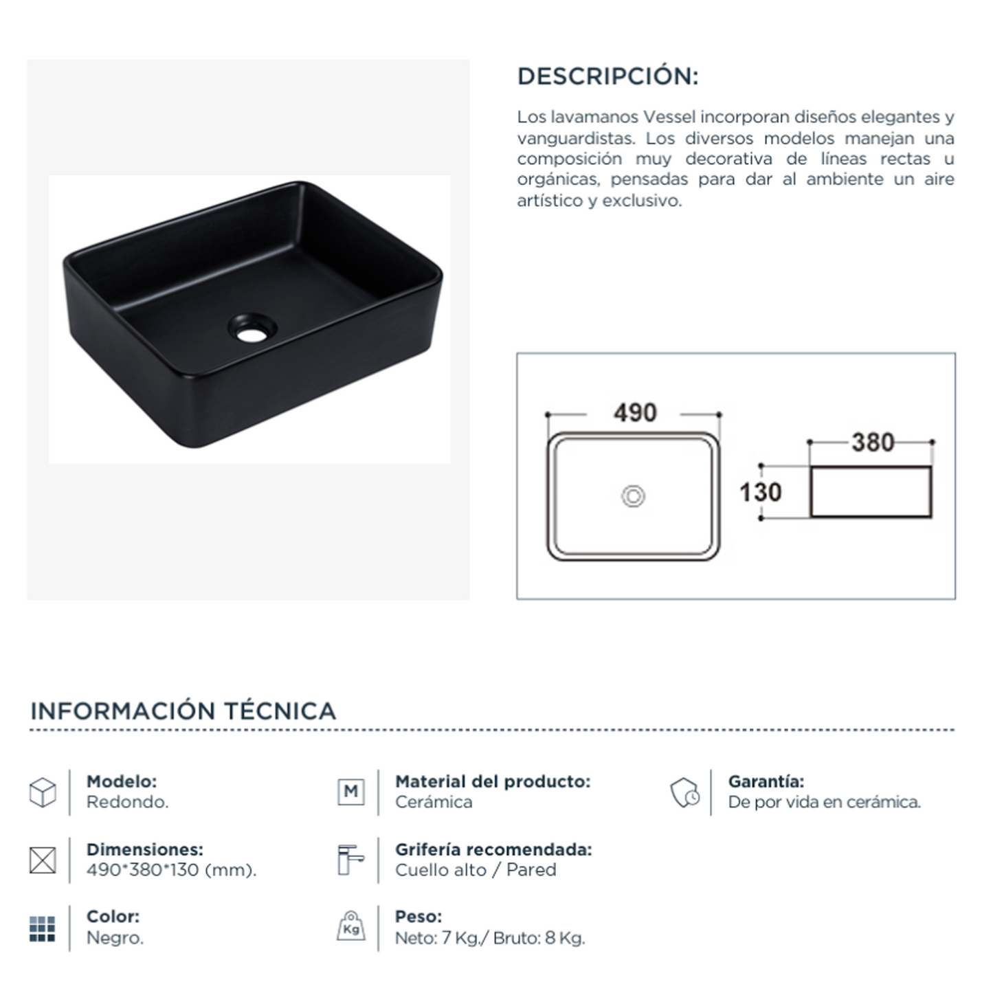 Lavamanos de Sobreponer Rectangular Vessel Negro Minos