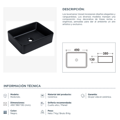 Lavamanos de Sobreponer Rectangular Vessel Negro Minos