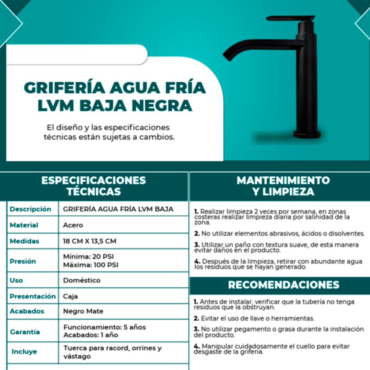 Griferia Lavamanos Agua Fria Baja Cascada Negro Mate