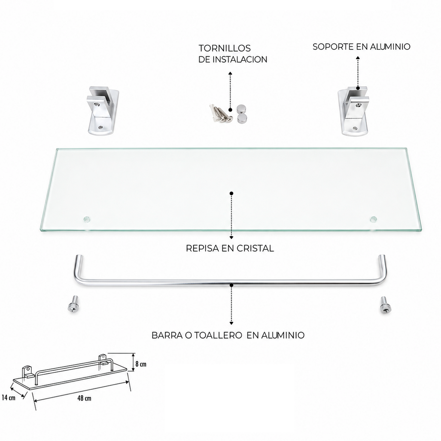 Repisa para Baño en Vidrio Base en Aluminio Gris