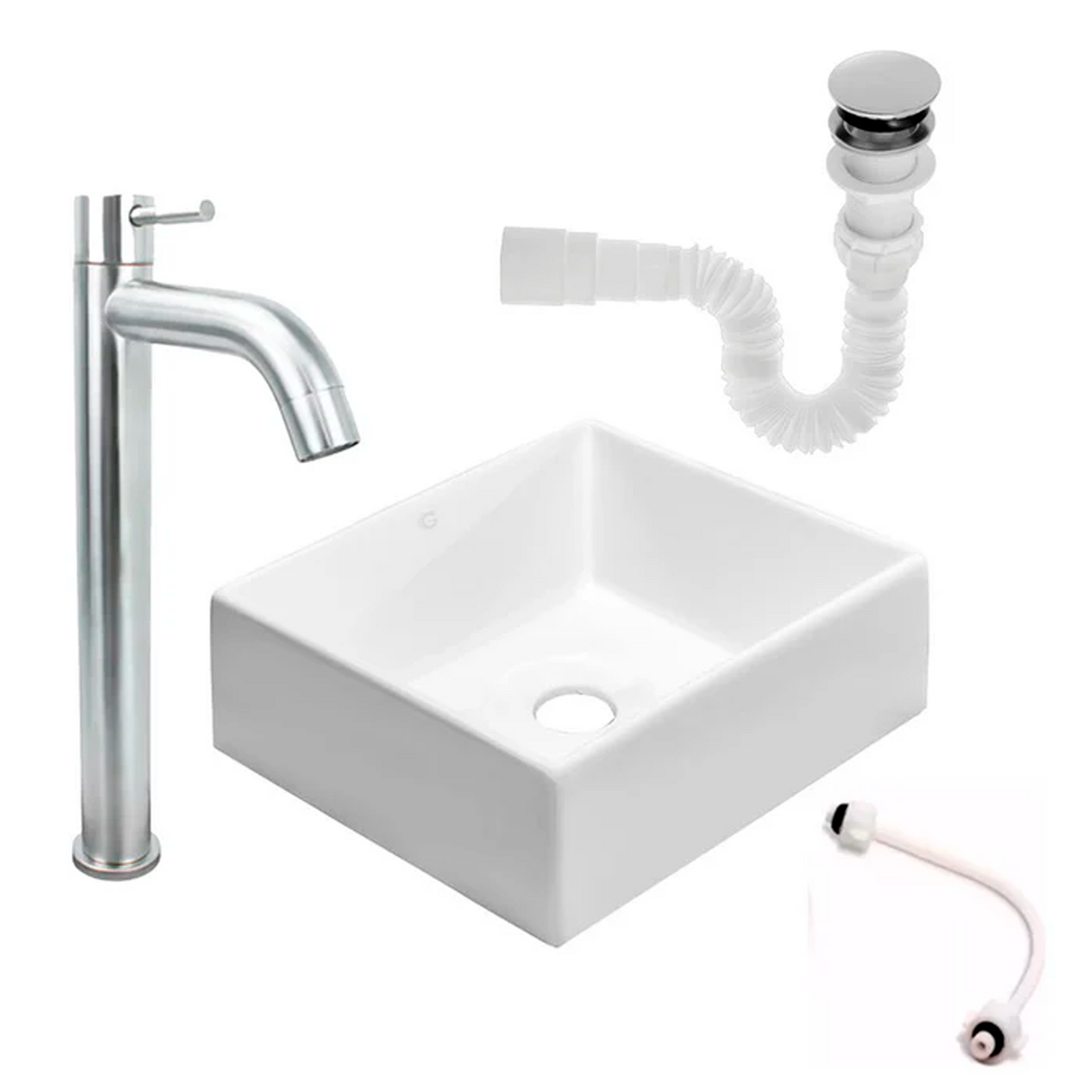 Kit Lavamanos Cuadrado+grifo Agua Fria Plateada Satin+push