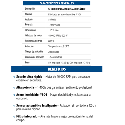 Secador de Manos Automatica en Acero con Filtro Integrado