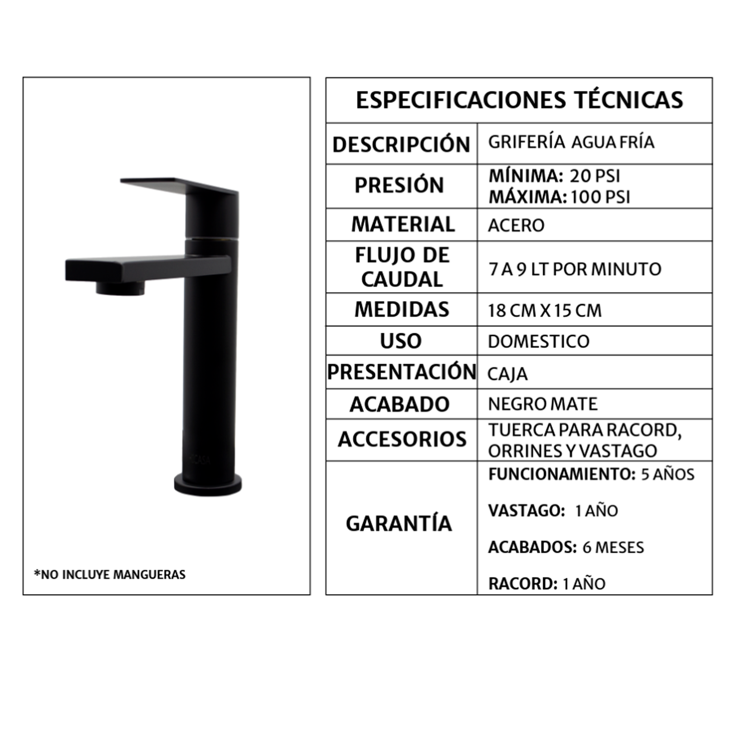 Griferia Lavamanos Agua Fria Bja Negro Mate