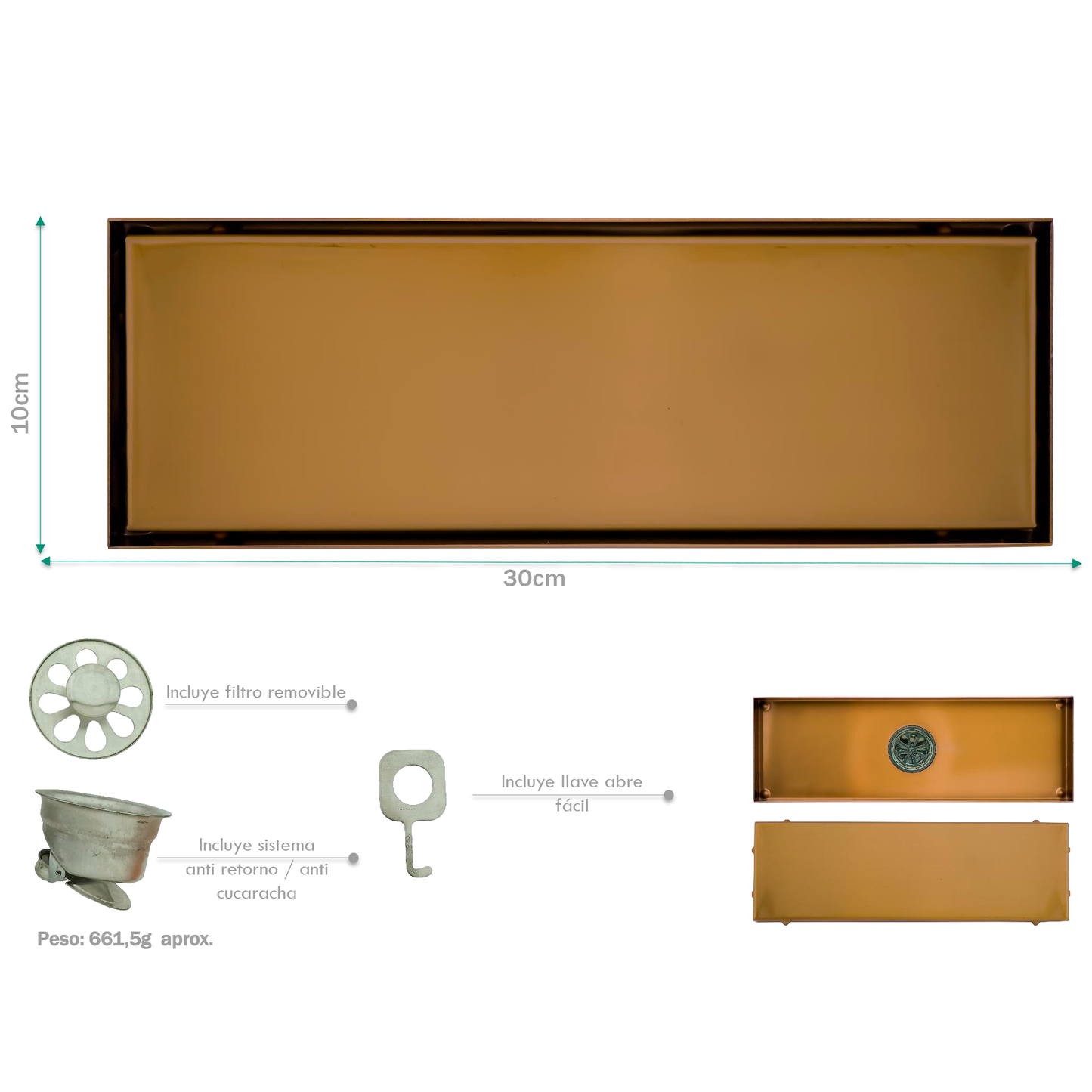 Rejilla de Piso Cuadrada 30*10cm Rose Gold Invisible
