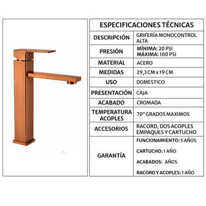 Griferia Monocontrol Lavamanos Oro Rosa Cepillado