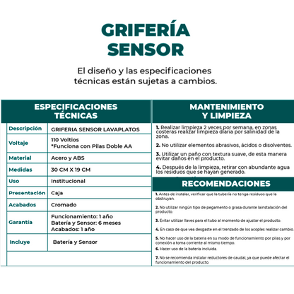 Griferia Lavamanos Sensor Lavaplatos Plateada en ABS