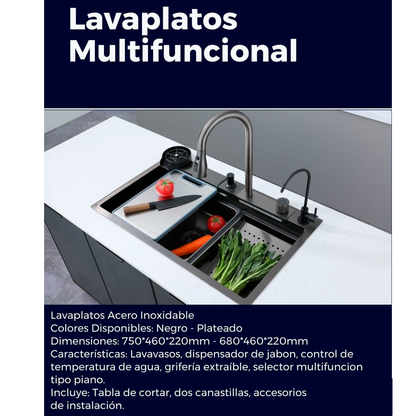 Lavaplatos en Acero Multifuncional 75*46*22cm Negro y Accesorios