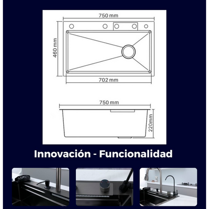 Lavaplatos en Acero Multifuncional 75*46*22cm Negro y Accesorios