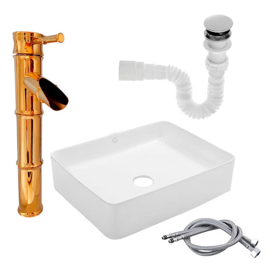 Kit Lavamanos Rectangular+grifo Mono.bambú Oro Brillo+push