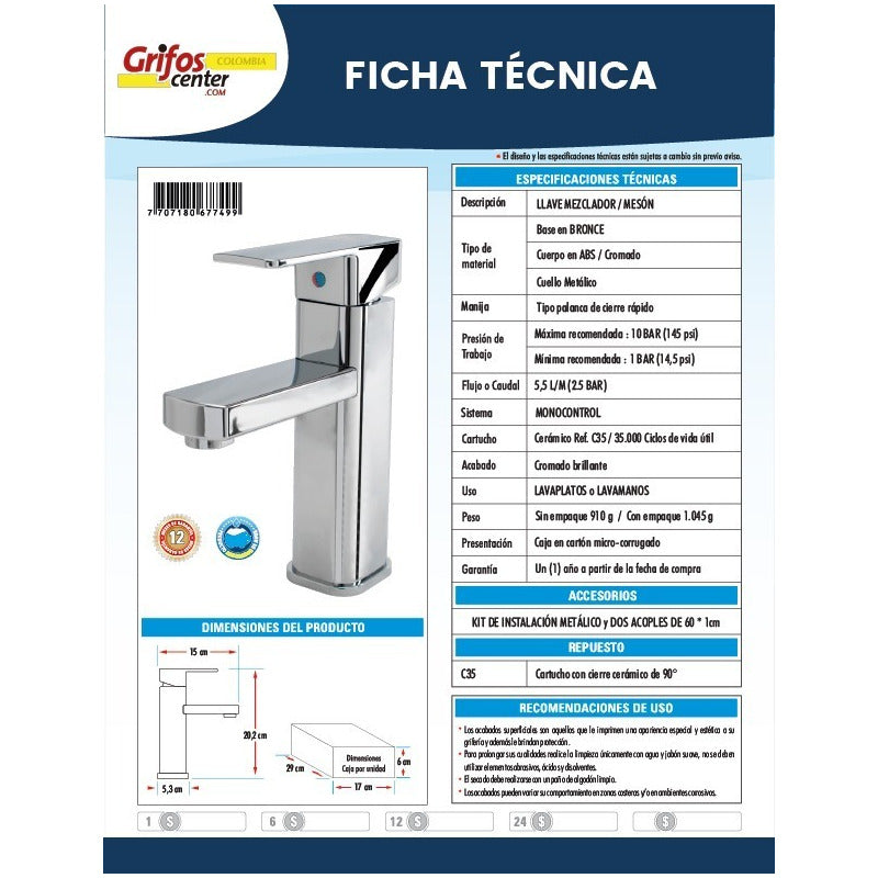 Mezclador Monocontrol Lavamanos Torre Baja Cuello Recto