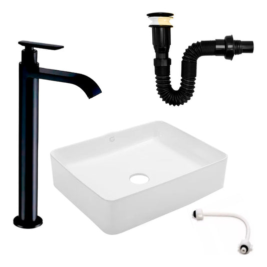 Kit Lavamanos Rectangular+griferia Agua Fria Rio+push Negro