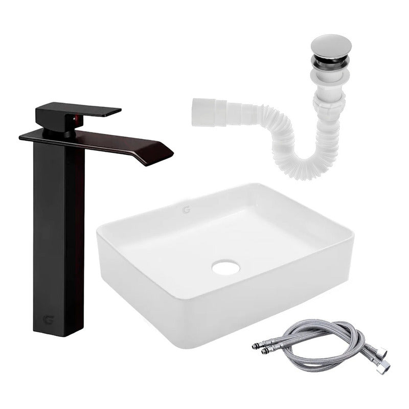 Kit Lavamanos Rectangular+grifo Monocontrol Negro Casc.+push