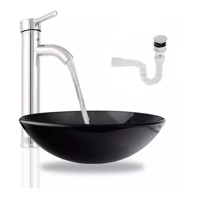 Kit Lavamanos Cristal Negro Y Griferia Monocontrol Desague.