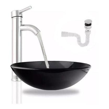 Kit Lavamanos Cristal Negro Y Griferia Monocontrol Desague.