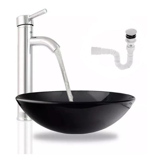 Kit Lavamanos Cristal Negro Y Griferia Monocontrol Desague.