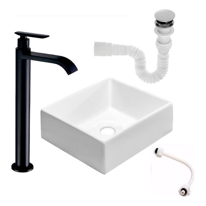 Kit Lavamanos Cuadrado+griferia Agua Fria Negro Mate+push