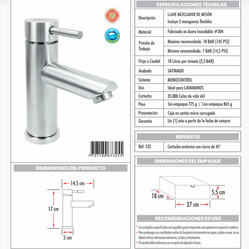 Kit Placa Lavamanos 51*40cm+griferia Monocontrol+push Flex17
