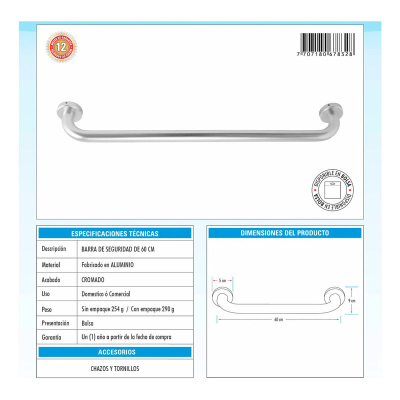 Barra Seguridad 60 Cm En Aluminio Inoxidable Plateado