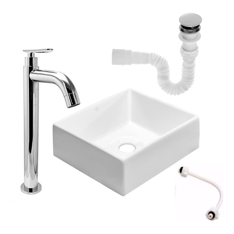 Kit Lavamanos Cuadrado+grifo Agua Fria Plateada Brillo+push