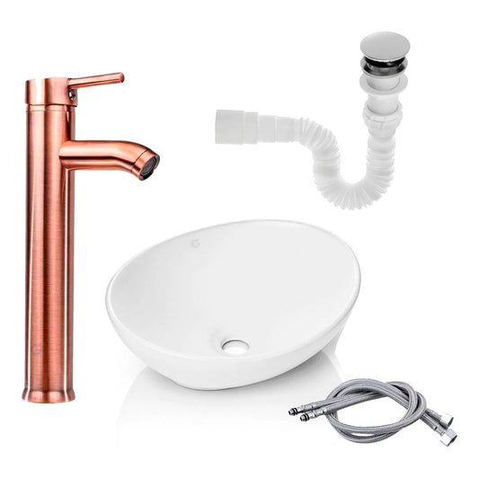 Kit Lavamanos+ Grifo Monocontrol Curvo Cobre Antiguo+push