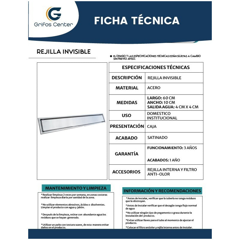Rejilla Sifon Piso Invisible 60cm X 10cm Acero 304
