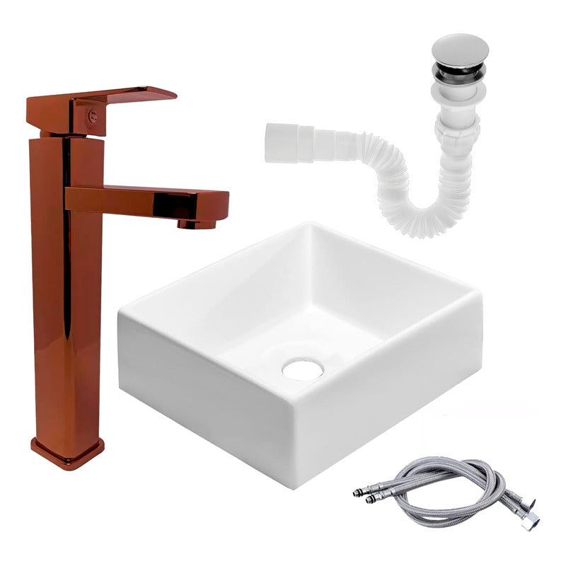 Kit Lavamanos Cuadrado+grifo Monocontrol Oro Rose+push