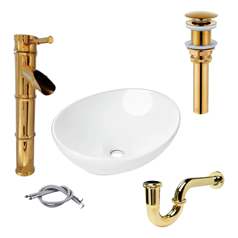 Combo Lavamanos Canoa+griferia Monoc +push+sifon Oro Gf1