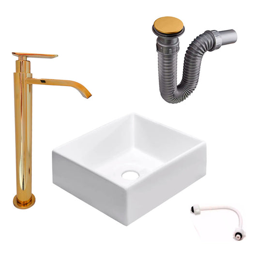 Kit Lavamanos Cuadrado+griferia Agua Fria Oro Brillante+push