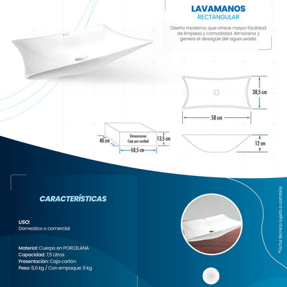 Lavamanos Rectangular Blanco 59x39,5x10,5cm
