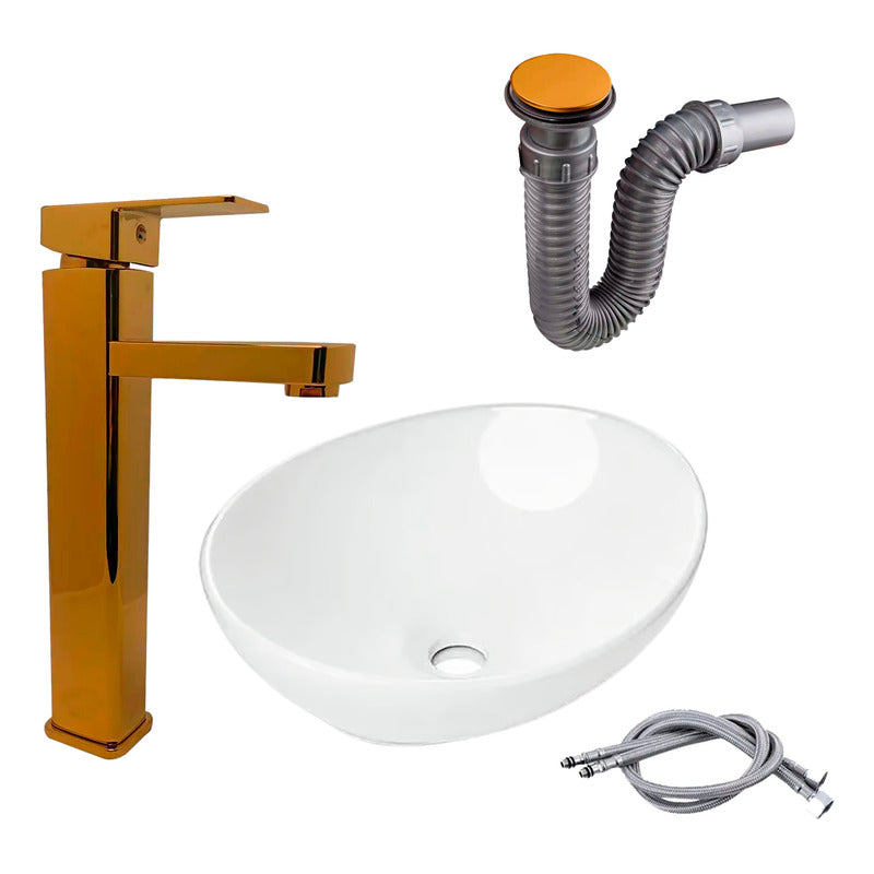 Kit Lavamanos Canoa+griferia Monocontrol Cuadrada+push Oro