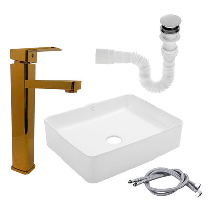 Kit Lavamanos Rectangular+grifo Monocontrol Cuadrad Oro+push