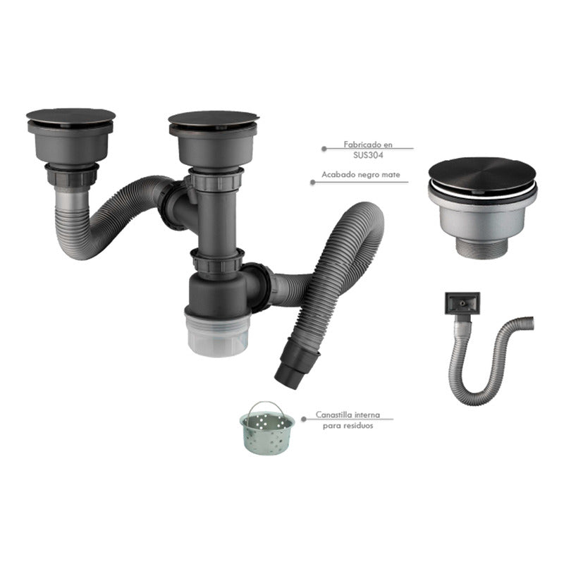 Kit Canastilla Negro Invisible+sifon Lavaplatos Doble