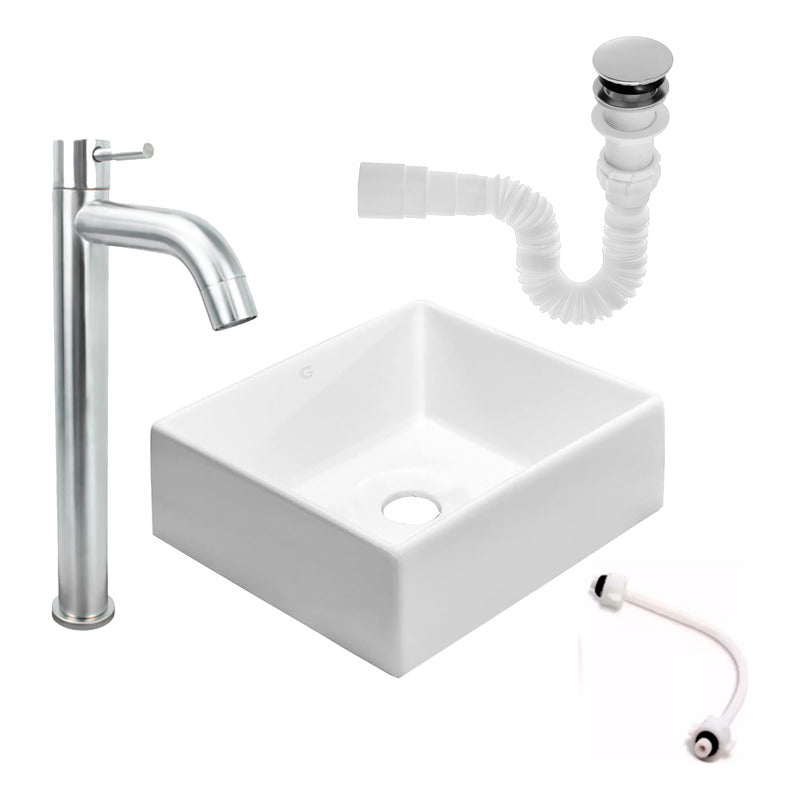 Kit Lavamanos Cuadrado+griferia Agua Fria Plateada Curv+push