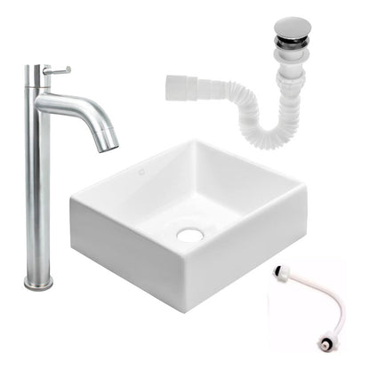 Kit Lavamanos Cuadrado+griferia Agua Fria Plateada Curv+push