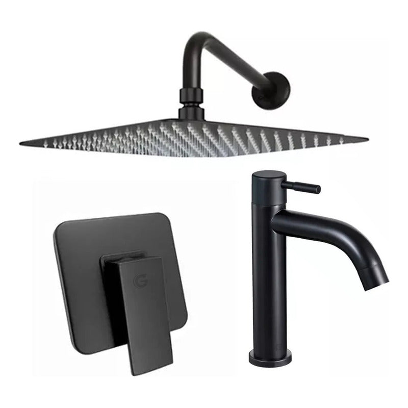 Kit Ducha 20cm+grifería Agua Fría+monocontrol Cuadrado Negro