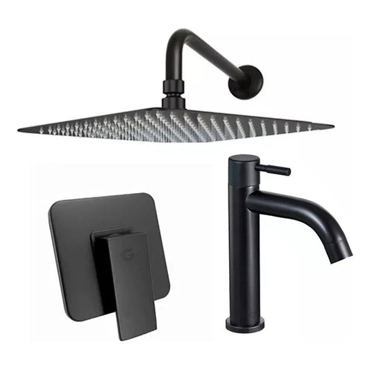 Kit Ducha 20cm+grifería Agua Fría+monocontrol Cuadrado Negro