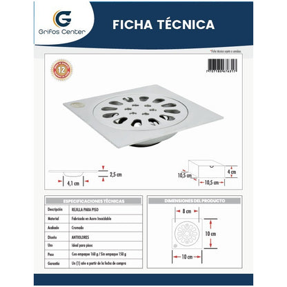 Rejilla En Acero Sifón Inoxidable Anti Olor Y Cucharachas