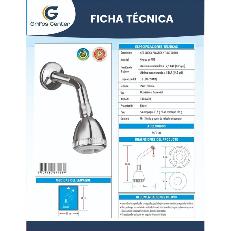 Set Ducha Plastica Tubo Curvo De 6cm