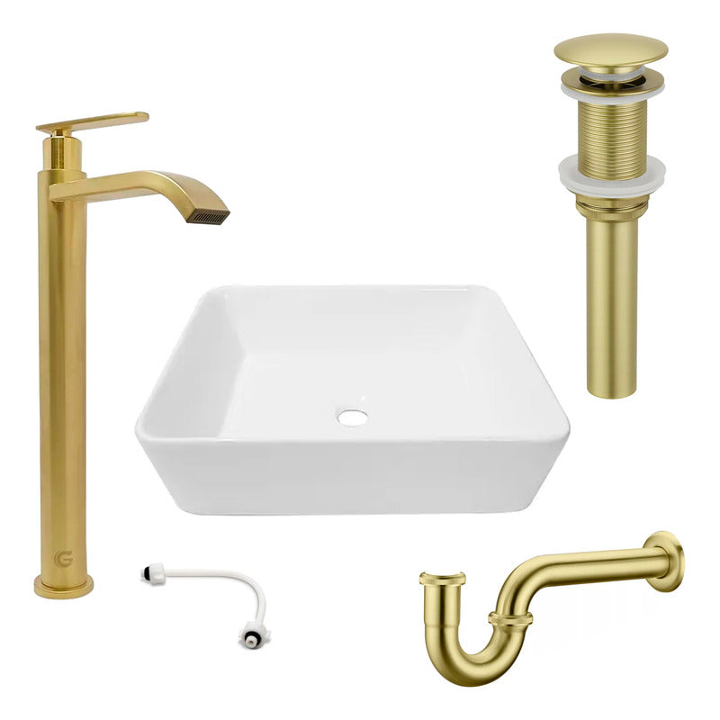 Combo Lavamanos Rectang.+griferia Ag.fria+push+sifon Oro Cep